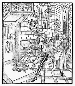 Pomocnik chirurga ogrzewający medycynę, z "Das Buch der Cirugia", wyd. Strasburg, 1497 r.